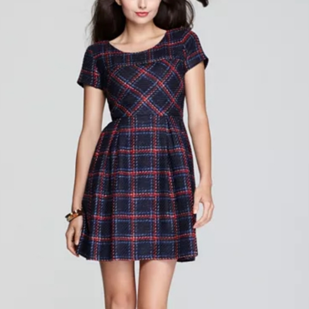 Shoshanna Allison Plaid Checkered Academia Tweed Cap Sleeve Preppy Dress